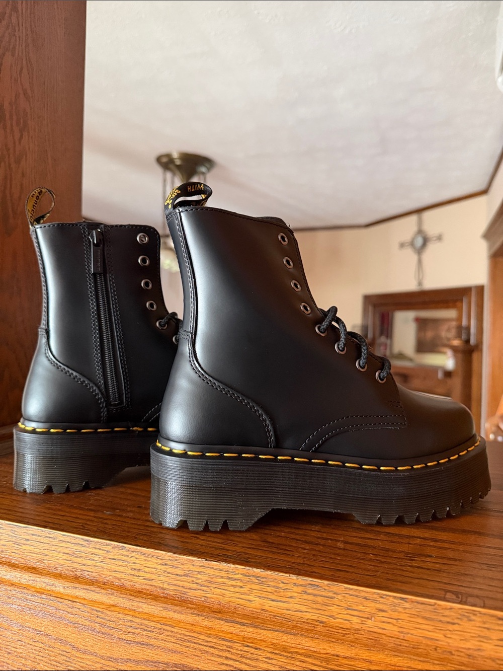 Dr. Martens Jadon Black Lace-Up Platform Boot with Yellow Welt Stitching - Picture 3 of 7